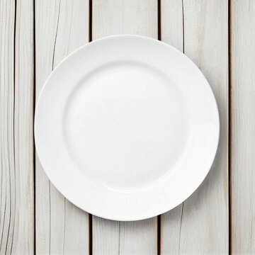 Empty white plate on wooden table, top view, Generative AI