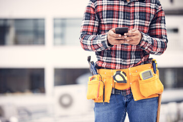 Phone, worker hands or construction man typing internet, online web search and message maintenance industry contact. Connection, smartphone mockup or urban person, contractor or handyman texting user