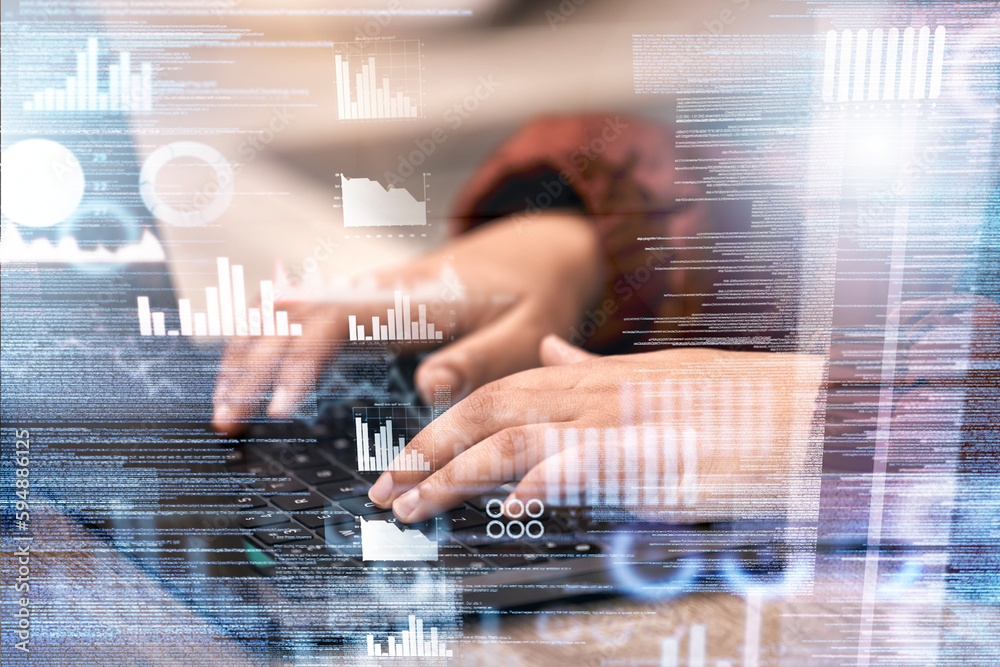 Aufkleber Overlay, chart or hands of woman typing on a keyboard with finance, cryptocurrency or financial digital data analytics. Girl broker, accountant or trader working on investment growth in stock market