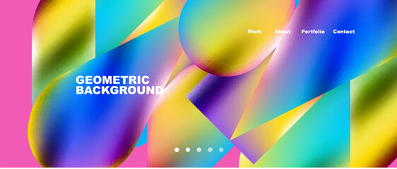 Glassmorphism landing page background template. Colorful glass shapes with metallic effect abstract composition for wallpaper, banner, background