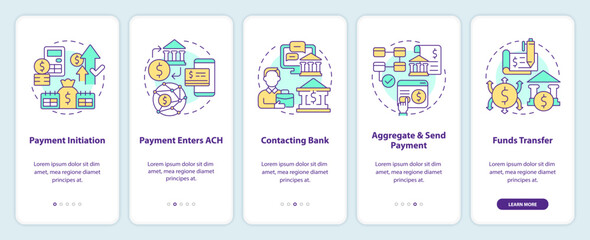 Automated clearing house process onboarding mobile app screen. Walkthrough 5 steps editable graphic instructions with linear concepts. UI, UX, GUI template. Myriad Pro-Bold, Regular fonts used