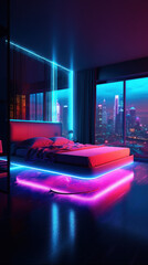 A futuristic bedroom in a high-tech apartment, Generative AI