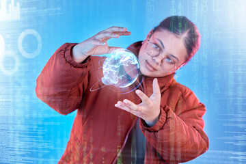 Earth hologram, global network or hands of girl with future cybersecurity or worldwide networking media. Cloud computing hacker, holographic iot planet or cyber person with globe digital information