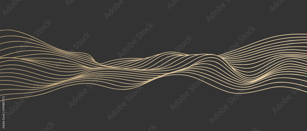 Poster vector abstract line art wavy smooth flowing dynamic gold gradient isolated black background in conc