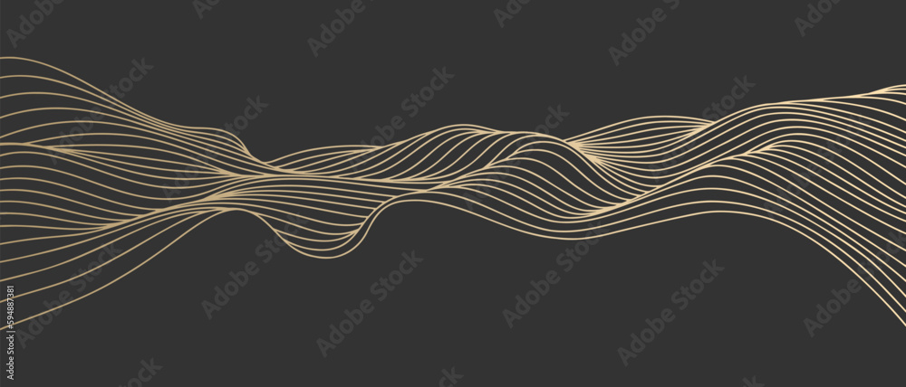 Poster vector abstract line art wavy smooth flowing dynamic gold gradient isolated black background in conc