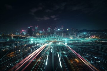 Fototapeta na wymiar Smart digital city with high speed light trail of cars of digital data transfer ai art. Generative AI