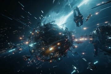 Fototapeta na wymiar Sci-fi scene of space ships in battle,, battlecruisers and fight ships epic battle in space, Generative Ai, Generative, Ai