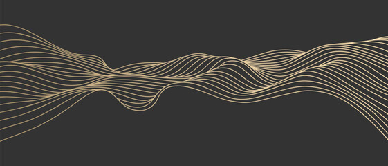 Vector abstract line art wavy smooth flowing dynamic gold gradient isolated black background in concept luxury, wave, ocean.
