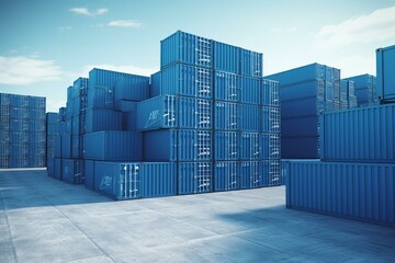 Freight blue containers in a harbor - 3d rendering. Generative AI