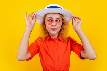 dreamy retro stylish girl at summer isolated on yellow. retro stylish girl at summer in studio.