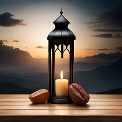 Lamp lantern with, mosque, dates, stars and moon background. Great for business, blog, website, presentation, wallpaper, speech etc. Ai Generated image concept