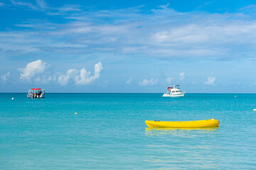 summer vacation boat at seaside, banner. photo of summer vacation boat on the beach.