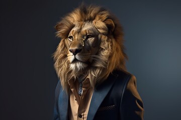 A Lion Wearing A Suit And Tie With A Dark Background And A Dark Background Zoo Advertising Photography Wildlife Generative AI
