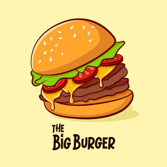 Delicious cheese hamburger flat vector illustration. Suitable for design element of fast food, restaurant, and American cheeseburger cartoon vector. 