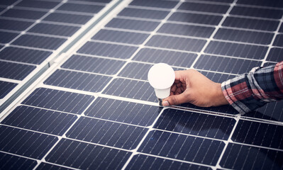 Solar panel, renewable energy lightbulb and man hands test quality of photovoltaic cell,...