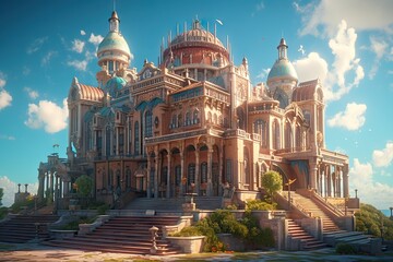 Obraz premium A Large Building With A Lot Of Stairs And Towers On Top Of It Old European Palace Rococo Architectural Design Generative AI