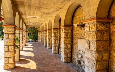 Fototapeta na wymiar Ancient Roman arcades on Colline du Chateau Castle Hill archeological site at French Riviera of Mediterranean Sea in Nice in France