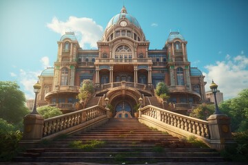 Fototapeta premium A Large Building With A Lot Of Windows And A Staircase Leading To It Old European Palace Rococo Environment Generative AI
