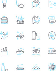 Leisure moment linear icons set. Relaxation, Entertainment, Recreation, Joy, Serenity, Pleasure, Escape line vector and concept signs. Fun,Indulgence,Amusement outline illustrations