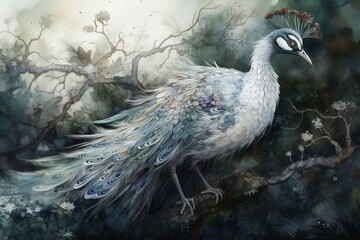 white peacock, mystic dramatic illustration with watercolor style. generative AI
