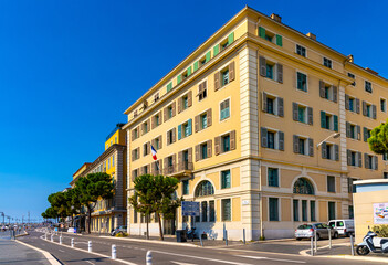 Fototapeta na wymiar Regional Customs Authority, Direction Regionale des Douanes at Quai de la Douane street in historic Nice Port and yacht marina district on French Riviera in France