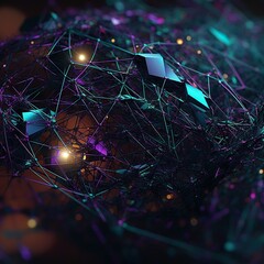 Neural network abstract depiction in violet and blue dark tones