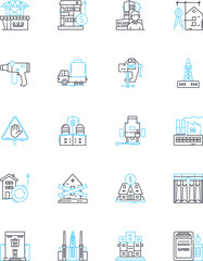 Cityscape shaping linear icons set. Architecture, Urbanization, Skyscrapers, Landmarks, Streetscapes, Infrastructure, Development line vector and concept signs. Skyline,High-rise,Transportation