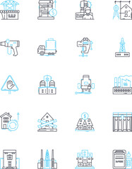 Obraz premium Cityscape shaping linear icons set. Architecture, Urbanization, Skyscrapers, Landmarks, Streetscapes, Infrastructure, Development line vector and concept signs. Skyline,High-rise,Transportation