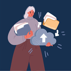 Vector illustration of Female office worker adds file to big folder. Storage and indexing of information. Business woman holds paper document. User and data archive. Database, searching info.