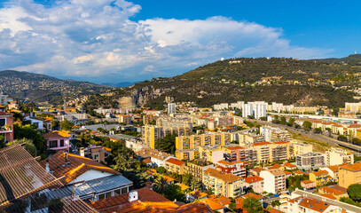 Mount Gros and Alpes hills with Astronomical Observatory over Paillon river valley seen from Cimiez...