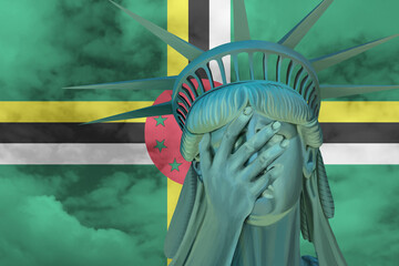 Statue of Liberty. Facepalm emoji on background in colors of Dominica flag