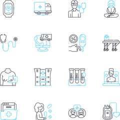 Clinic linear icons set. Apothecary, Wellness, Medicine, Diagnosis, Treatment, Healthcare, Services line vector and concept signs. Physician,Nursing,Counseling outline illustrations