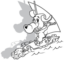 Drawing of a Laughing Doggy Surfing on the Sea Waves