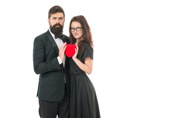 Perfect match. Agreement and mutual understanding. Celebrate anniversary. Happy valentines day. Special day. Couple in love. Family couple. Married couple hold red heart. Happy relationship concept