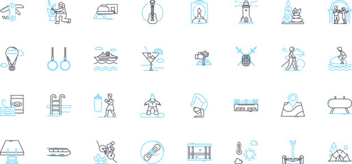Leisure market linear icons set. Entertainment, Travel, Adventure, Recreation, Relaxation, Hobbies, Outdoors line vector and concept signs. Sports,Vacations,Attractions outline illustrations