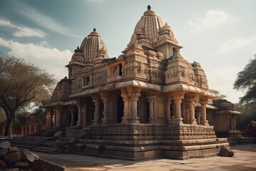 Fototapeta na wymiar A Large Stone Structure With A Clock On Top Of It's Face Temple Travel Photography Indian Culture Generative AI