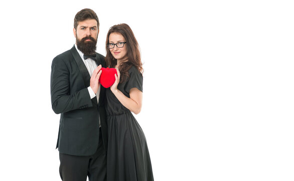 Perfect match. Agreement and mutual understanding. Celebrate anniversary. Happy valentines day. Special day. Couple in love. Family couple. Married couple hold red heart. Happy relationship concept