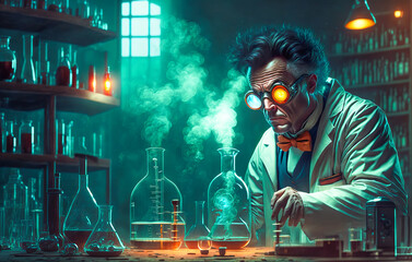 Obraz na płótnie Canvas The Mad Scientist's Chemistry Experiments: A Chaotic Journey into the laboratory.