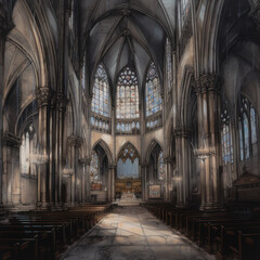A Gothic cathedral with stained glass windows, Generative AI