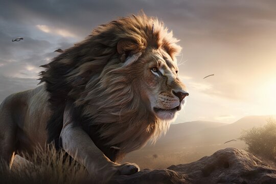 A Lion Walking Across A Field Next To A Forest Filled With Birds African Safari Landscape Photorealism Wildlife Generative AI