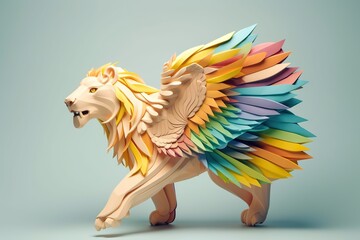A Wooden Toy Of A Lion With Multicolored Wings On Its Back Zoo Wood Carving Art Modeling Generative AI