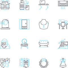 Room design company linear icons set. Chic, Innovative, Trendy, Modern, Sleek, Creative, Sophisticated line vector and concept signs. Minimalistic,Luxurious,Eclectic outline illustrations