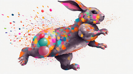 Happy Jumping Cartoon Easter Bunny With Colorful Flying On Isolated Background, Generative Ai
