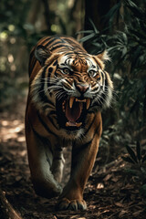 Wild tiger roaring aggressively. Jungle forest generative ai