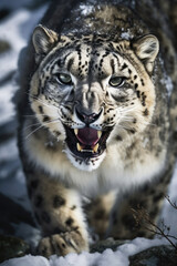 Fototapeta premium Snow leopard in the winter mountain forest. Wilde cat animal aggressive grinning towards camera