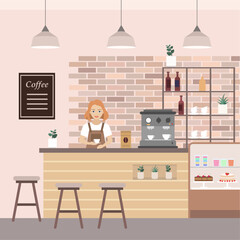 Cozy cafe. The barista prepares coffee. Color vector illustration.