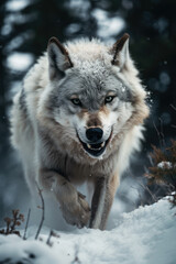 Obraz premium Gray wolf in a snowy forest. Wild animal aggressively running towards the camera generate ai