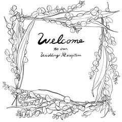 結婚式のウェルカムボード　線画　四角リース　黒