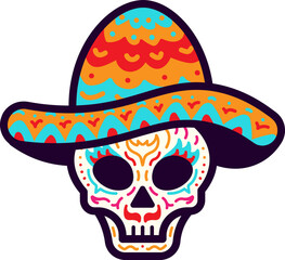 Mexican Skull Wearing Sombrero Hat Vector Illustration