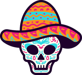 Mexican Skull Wearing Sombrero Hat Vector Illustration
